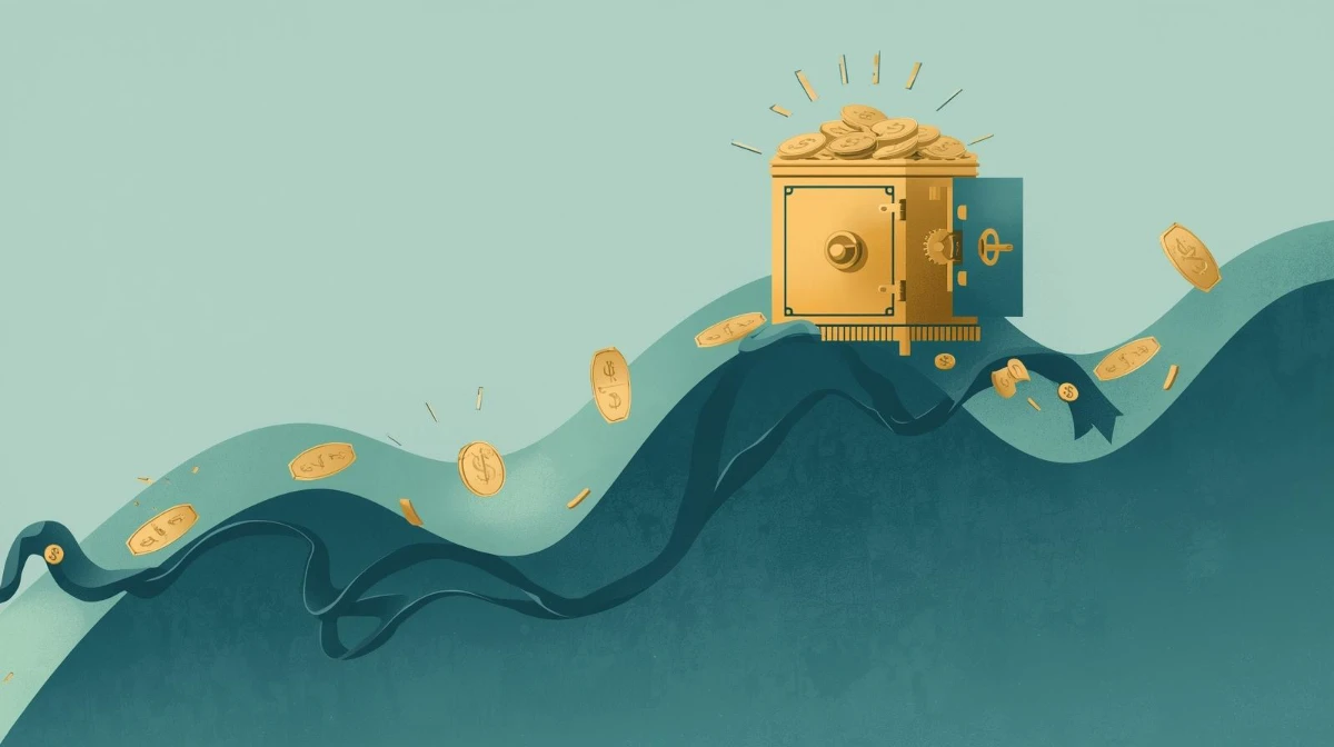 A minimalist, clean, and illustrative image showing the concept of financial stability amidst chaos. Visualize a stable, full bank vault or reservoir of cash sitting on top of a wavy, unpredictable line graph that represents income fluctuation. Use a professional, digital art style with soft, encouraging colors (like deep blues, greens, and gold). The overall feeling should be one of control and peace despite the uncertainty. Focus on a clear, high-resolution graphic design approach